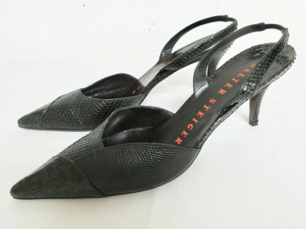 Walter Steiger Italy Black Snakeskin Leather Slingback Stiletto Heels 9B 39.5